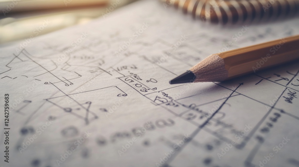 Poster a close-up of a math paper with complex equations and geometric shapes, a pencil lying beside it on 