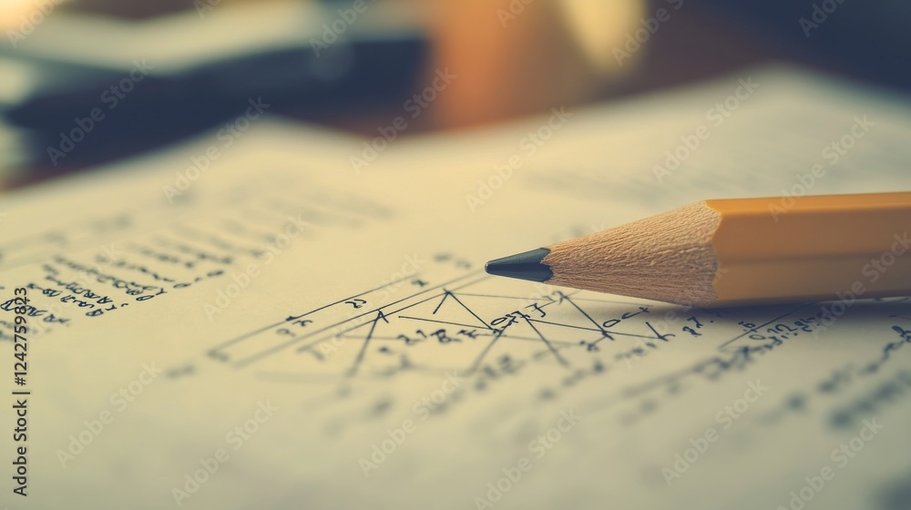 Poster a close-up of a math paper with complex equations and geometric shapes, a pencil lying beside it on 
