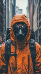 Person in gas mask and backpack wearing layered streetwear with copy space for text or graphics