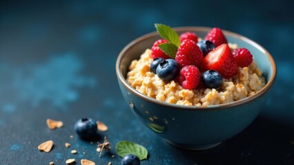 A Bowl of Creamy Porridge Topped with Fresh Raspberries and Blueberries, a Delicious and Nutritious Breakfast