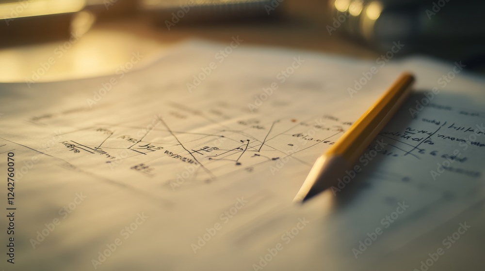 Poster a close-up of a math paper with complex equations and geometric shapes, a pencil lying beside it on 