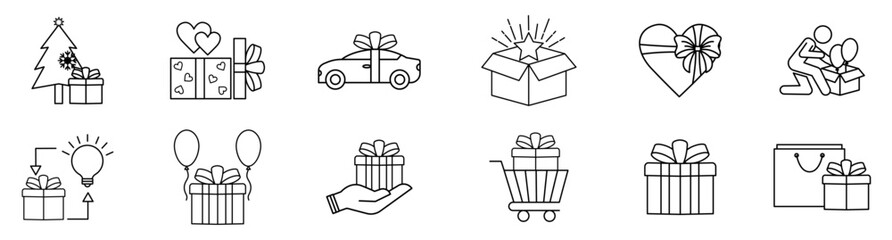 gift, vector, icon, box, present, symbol, outline, offer, discount, illustration, event, ribbon, surprise, line, package, birthday, anniversary, design, sale, sign, prize, bonus, isolated, coupon, set