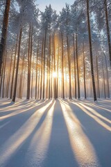 A serene winter forest scene with tall pine trees covered in snow, the sunlight filtering through them creating long shadows on the ground, creating an atmosphere of tranquility and magical