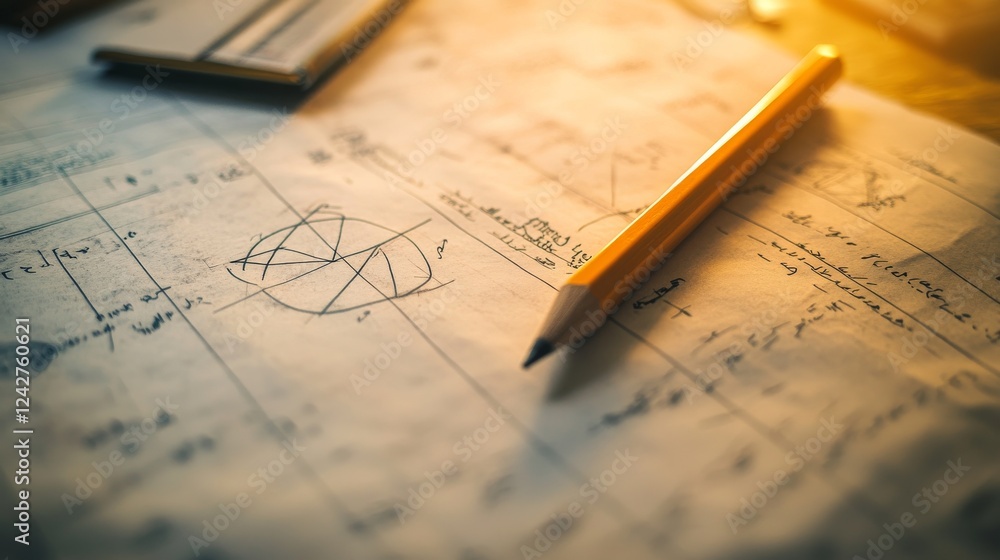 Poster a close-up of a math paper with complex equations and geometric shapes, a pencil lying beside it on 