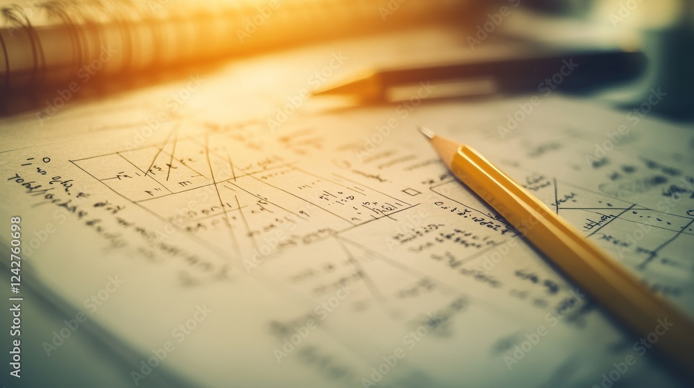 Poster a close-up of a math paper with complex equations and geometric shapes, a pencil lying beside it on 