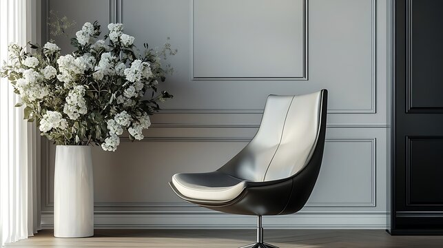 A chic home office with a monochromatic color scheme, a sleek leather chair, a vase of fresh flowers, and artistic wall decor creating a minimalist yet inviting atmosphere, - Powered by Adobe