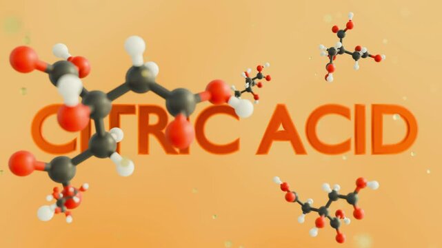 A 3D animation of the structure of a citric acid molecule. The tribasic nature contributes to its sour taste and its use as a natural preservative and flavor enhancer in foods and beverages.