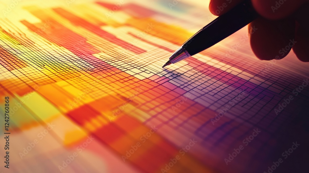 Aufkleber close-up of a hand holding a pen over a colorful abstract graph with vibrant patterns