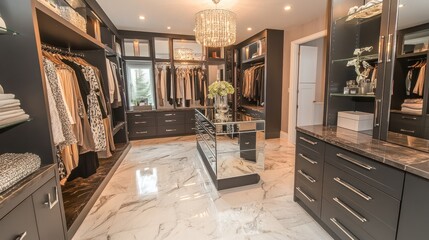Luxury Walk-in Closet Design: Dark Wood, Marble Floor, and Crystal Chandelier