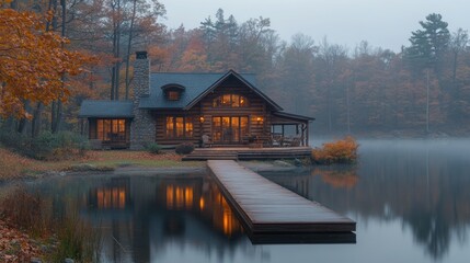 Fototapeta premium Misty Autumn Lakefront Log Cabin