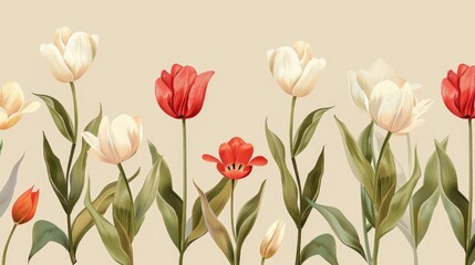 Bright tulips scattered with green leaves on a beige background. Natural composition. Perfect for spring or flower arrangements.