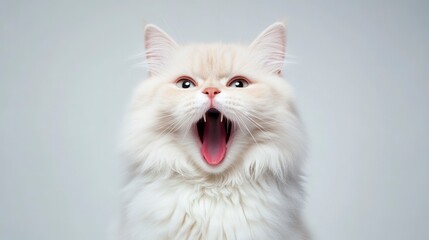 White Persian Cat Yawning with Open Mouth and Bright Eyes