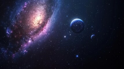 Vibrant Purple Nebula and Planets in Dark Space