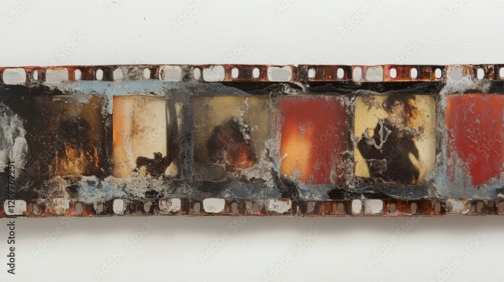 Poster A close-up of an old film strip with a white background, showcasing the texture and colors of each frame. The focus is on one end where two frames have blurry images inside them. This composition