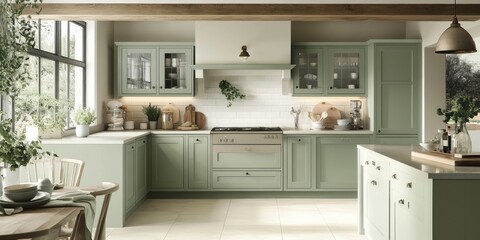 Fototapeta premium Elegant Sage Green Kitchen With Rustic Wooden Beams