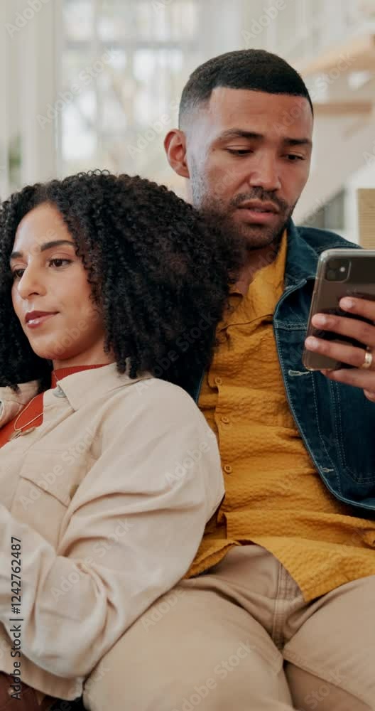 Poster couple, phone and relax on sofa with talk, care and conversation with love, reading and scroll web i