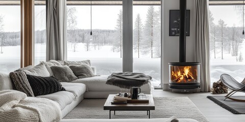 Cozy Winter Living Room with Fireplace and Snow View