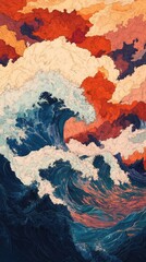 Abstract Ocean Wave Art with Colorful Cloudscape