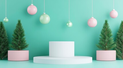 Festive Display with Greenery and Colorful Ornaments on Turquoise Background