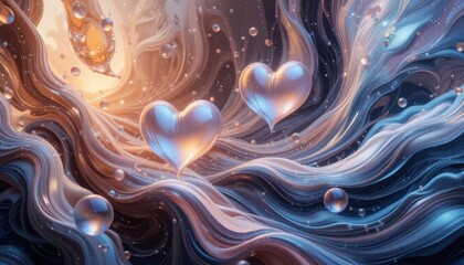 Stylized digital canvas with fluid lines in warm tones, where iridescent bubbles gracefully form hints of iconic heart shapes
