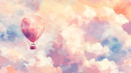 Obraz premium Watercolor A serene hot air balloon drifting through pastel clouds at sunset.