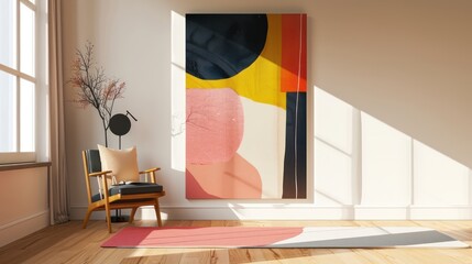 Minimalist Interior Design Mockup Featuring Abstract Wall Art and Mid-Century Modern Decor Elements.