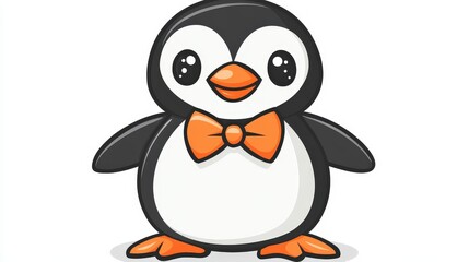 Naklejka premium Charming Bow-Tie Penguin: An adorable cartoon penguin, sporting a cheerful orange bow tie, stands ready to charm. This delightful illustration is perfect for children's books, websites.