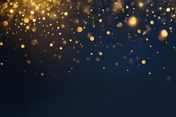 Fototapeta premium Abstract dark blue and gold particle background with Christmas golden light bokeh, shining particles on navy blue, gold foil texture, festive holiday concept