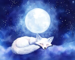 Watercolor A serene white fox peacefully sleeps under a glowing moon in a starry night sky.