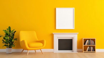 Bright Yellow Living Room with Cozy Chair and Empty Frame on Wall
