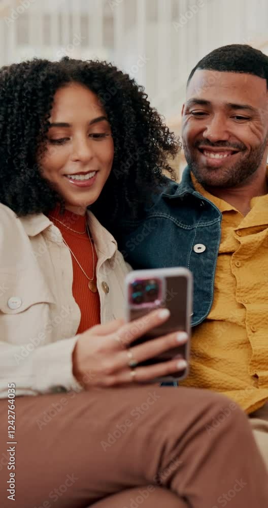 Poster couple, phone and relax on sofa with smile, reading or conversation for post, chat or scroll on web 