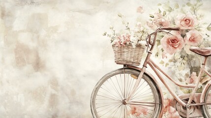Watercolor A vintage bicycle adorned with flowers, showcasing a charming springtime vibe.