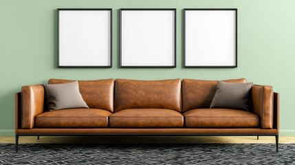 Modern brown leather sofa in stylish green living room interior