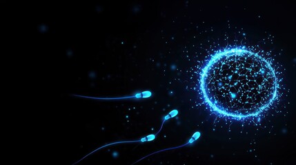 Obraz premium Sperm glowing blue with lines connecting to an egg cell on a dark background, highlights cryobanks, spermbanks, and egg and sperm banking