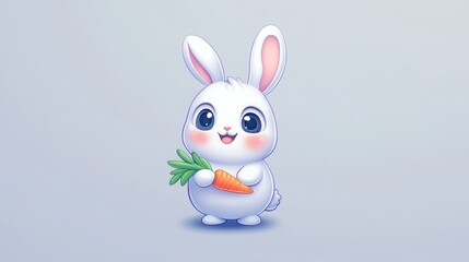 Fototapeta premium Adorable Bunny with Carrot: A charming digital illustration of a cute white bunny with big eyes holding a fresh green carrot. Perfect for children's books, greeting cards.
