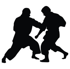 Fight between two aikido fighters vector illustration. Sparring on training action. Traditional self defense skills, martial art exercising concept. Aikido practice pose. Sparing duel demonstration.