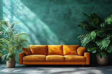 Fototapeta premium Stylish Living Room with Orange Sofa and Lush Greenery Against a Teal Wall