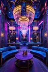 Obraz premium Luxurious lounge, purple lighting, crystal chandeliers, bottle service, opulent interior