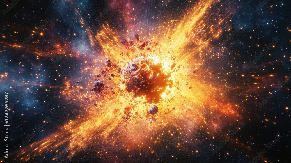 Poster fiery cosmic collision debris explodes across space