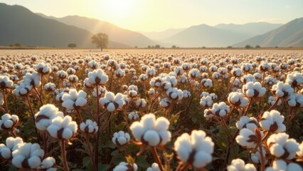 Golden Hour in a Cotton Field Rows of fluffy white cotton bolls illuminated by the setting sun, creating a breathtaking landscape of natural beauty and agricultural abundance.