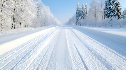 Obraz premium Snowy road through winter forest, clear sky. Travel, winter landscape photography