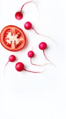 Single tomato slice surrounded by radishes on a white background, reflects cryobanks, spermbanks, and egg and sperm banking