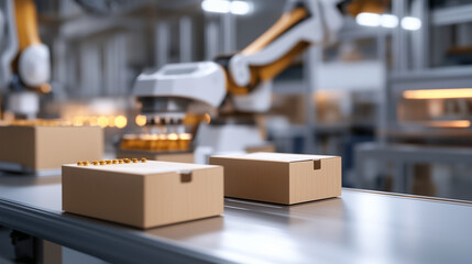 Advanced robotic arms automating the packaging line in a modern factory, showcasing industrial technology and efficiency in manufacturing.