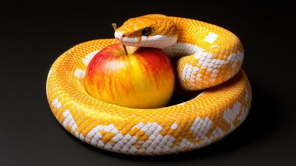 Fototapeta premium Colorful Snake Resting on a Red and Yellow Apple on a Dark Surface