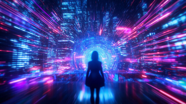 digital female avatar navigates through the vast and immersive metaverse, experiencing augmented reality in a gaming universe. Created using AI tools, this illustration represents