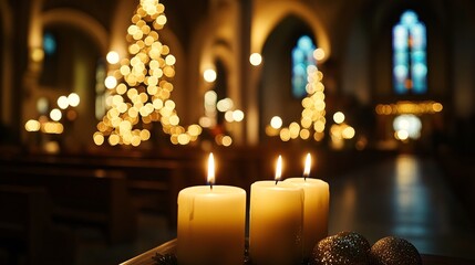 Burning advent candles creating cozy atmosphere in church during christmas time