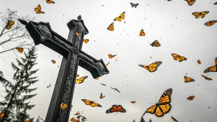 Whimsical butterflies in shades of yellow and orange dance around a stylized black cross shape set against a light gray and white background, colorblock, pattern, illustration