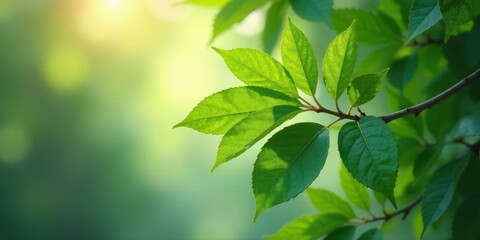 Obraz premium Vibrant Green Leaves Illuminated by Gentle Sunlight on a Branch, a Symbol of Spring's Renewal and Nature's Beauty