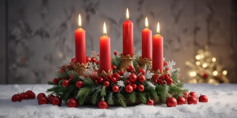 Weihnachtskranz mit roten Kerzen und Schneekristallen, weihnachtskranz, weihnachten