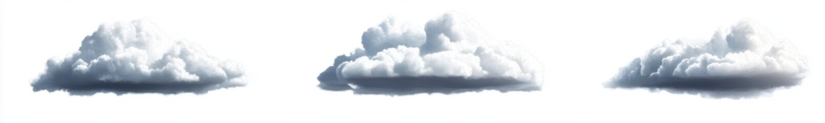 Three Realistic Fluffy Gray Clouds Floating Against a White Background